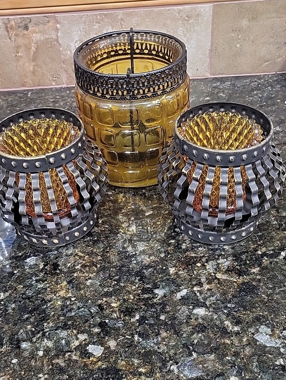 Vintage Amber Glass and Black Metal Honeycomb Candle Holder Set - Home Accents
